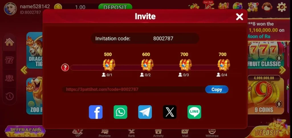 3 Patti hot invite bonus